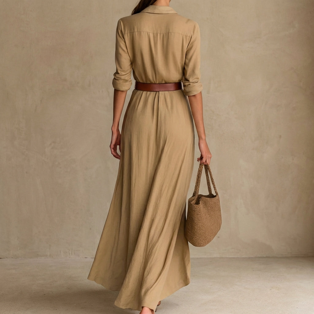 Flowing Shirtdress with Draped Maxi Skirt and Belted Waist