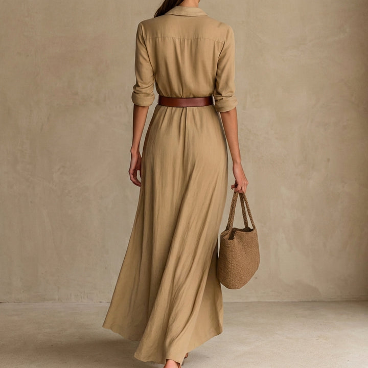 Flowing Shirtdress with Draped Maxi Skirt and Belted Waist