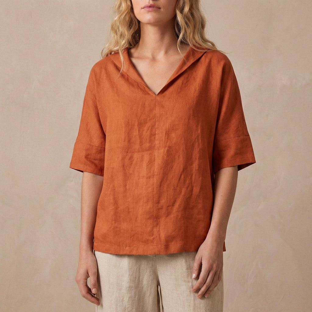 Relaxed Pullover Blouse with Wide Collar and Buttoned Sleeves