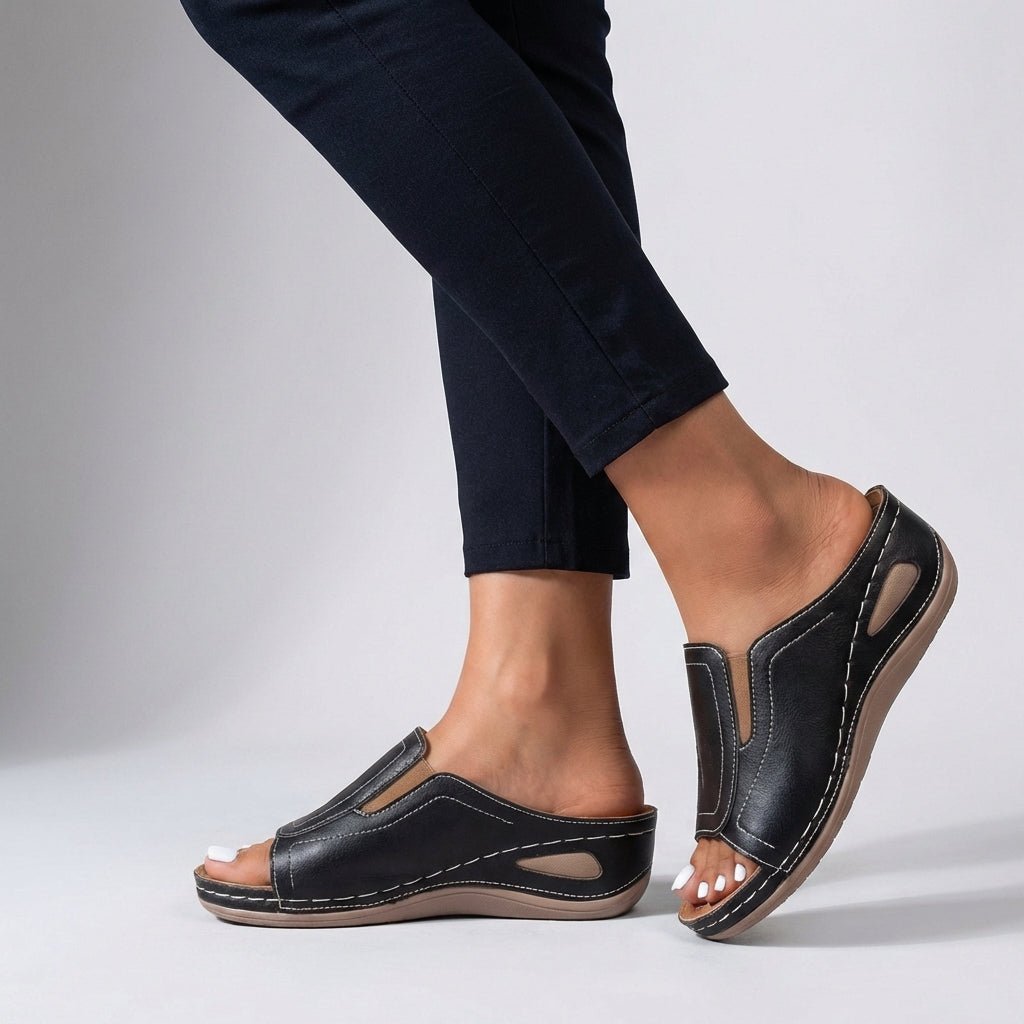 Aretha Slip - On Peep - Toe Sandals with Low Wedge Heel - Weston Fletcher