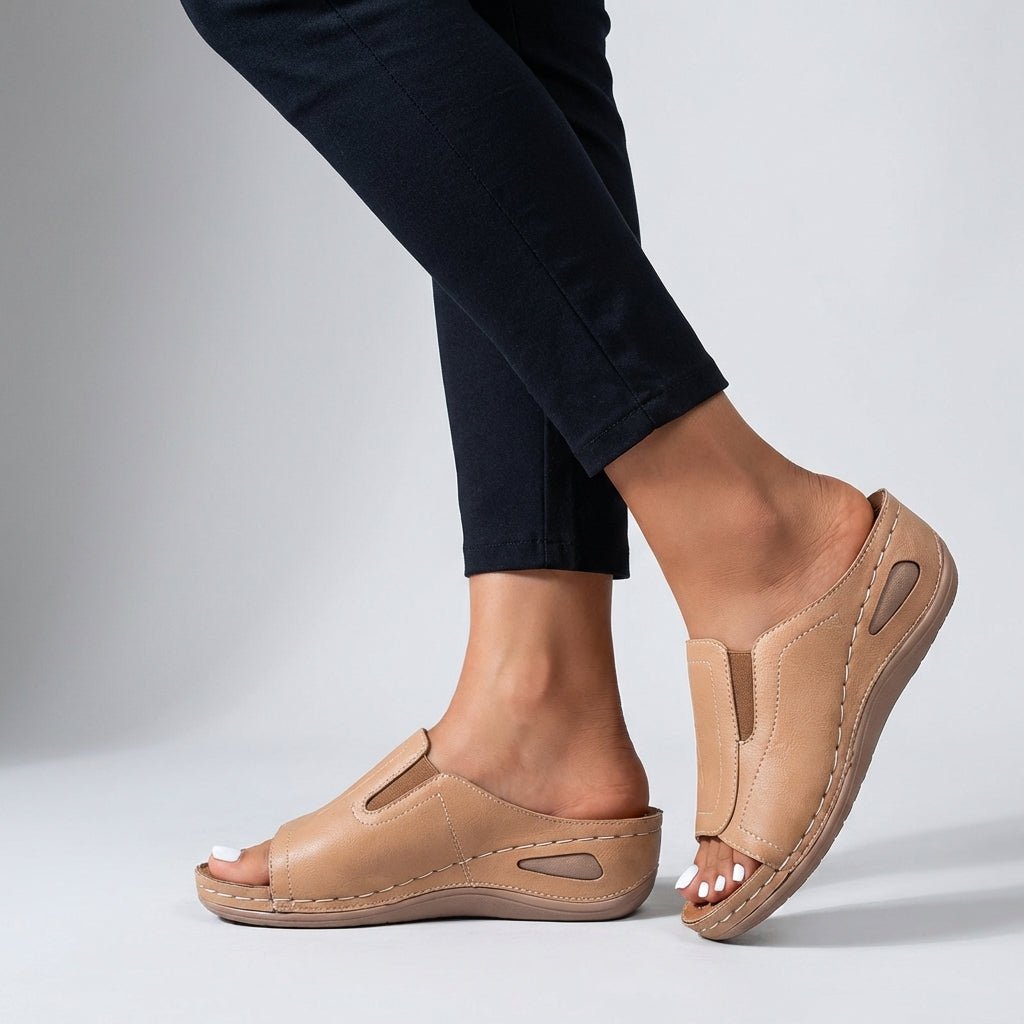 Aretha Slip - On Peep - Toe Sandals with Low Wedge Heel - Weston Fletcher