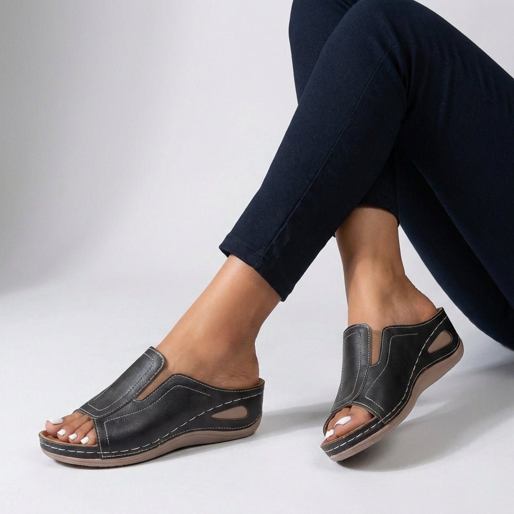 Aretha Slip - On Peep - Toe Sandals with Low Wedge Heel - Weston Fletcher