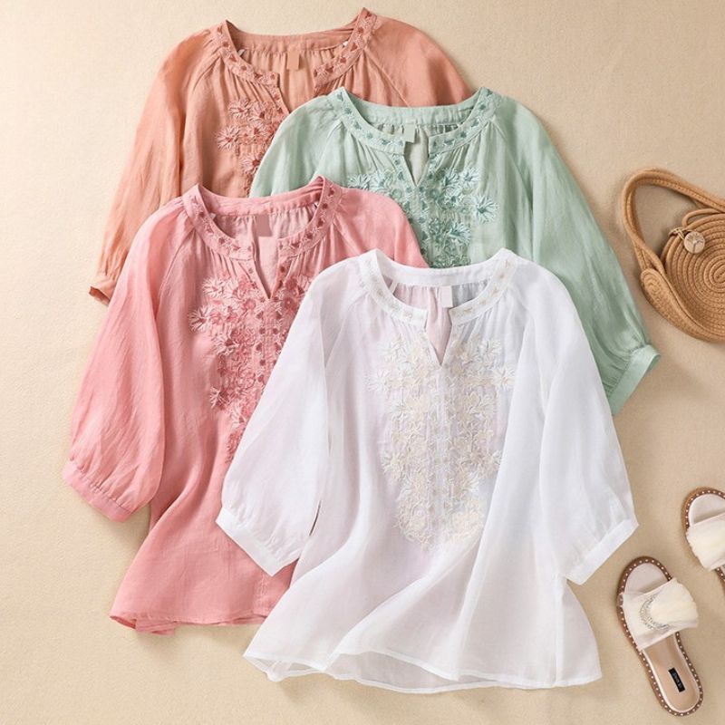 Embroidered Split V - Neck Relaxed Cotton - Linen Blouse with Cuffed Sleeves - Weston Fletcher