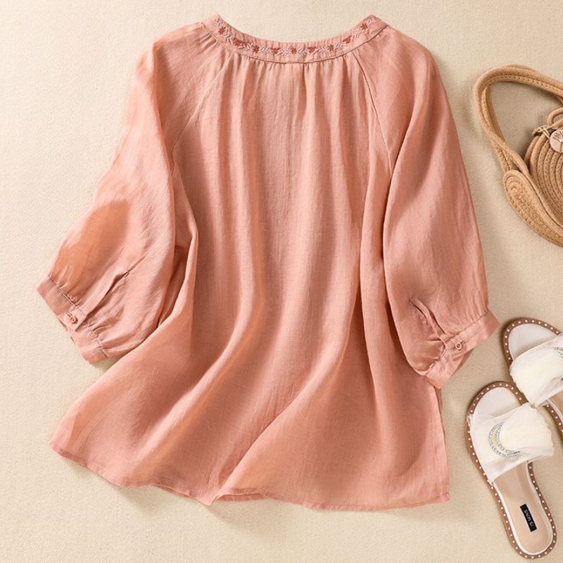 Embroidered Split V - Neck Relaxed Cotton - Linen Blouse with Cuffed Sleeves - Weston Fletcher