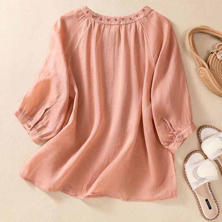 Embroidered Split V - Neck Relaxed Cotton - Linen Blouse with Cuffed Sleeves - Weston Fletcher