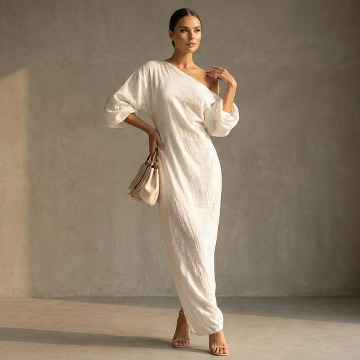 Flowing One - Shoulder Maxi Dress with Draped Silhouette and Voluminous Sleeve - Weston Fletcher