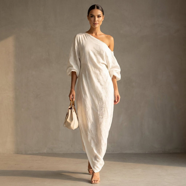 Flowing One - Shoulder Maxi Dress with Draped Silhouette and Voluminous Sleeve - Weston Fletcher