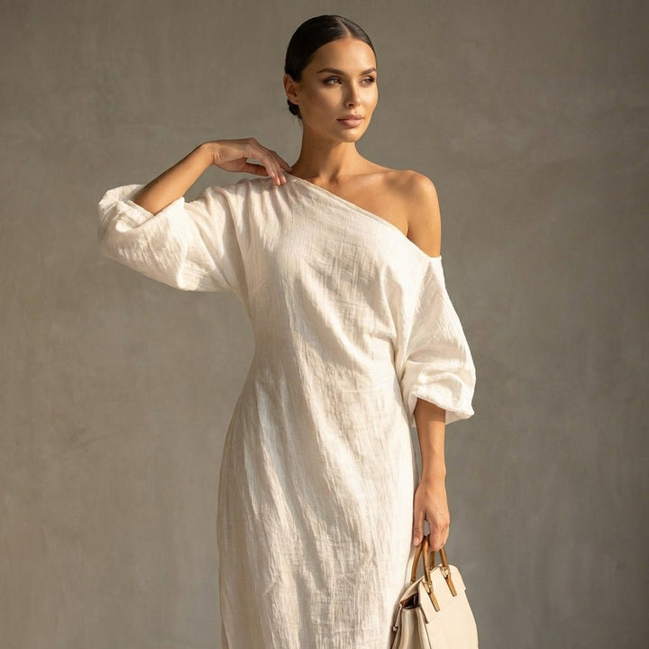 Flowing One - Shoulder Maxi Dress with Draped Silhouette and Voluminous Sleeve - Weston Fletcher