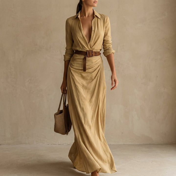 Flowing Shirtdress with Draped Maxi Skirt and Belted Waist - Weston Fletcher