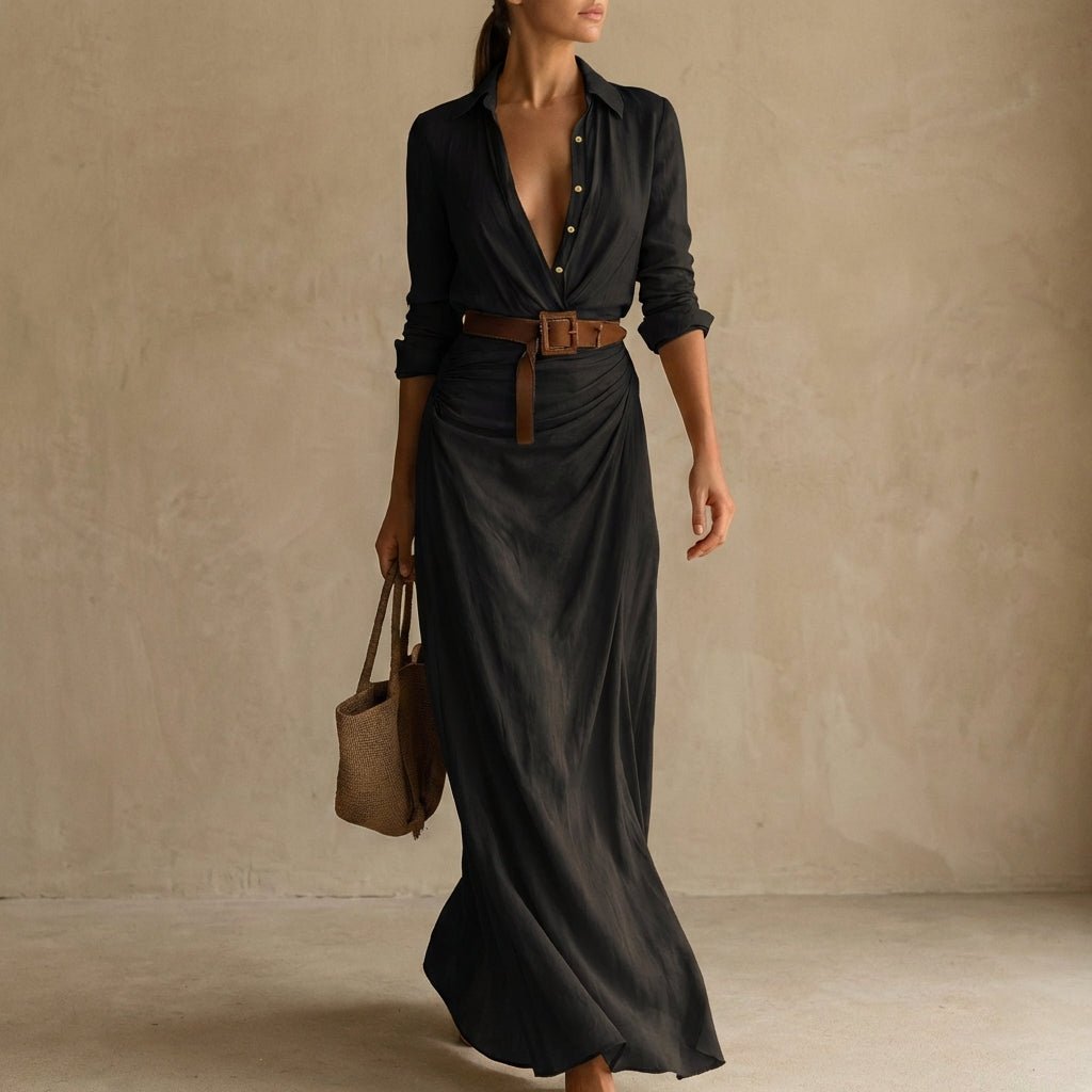 Flowing Shirtdress with Draped Maxi Skirt and Belted Waist - Weston Fletcher