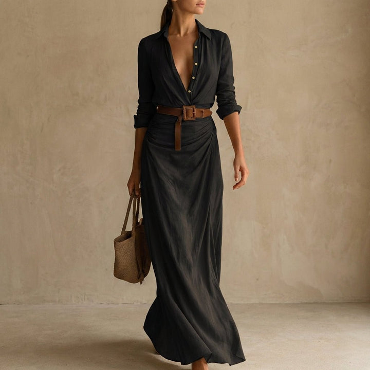 Flowing Shirtdress with Draped Maxi Skirt and Belted Waist - Weston Fletcher