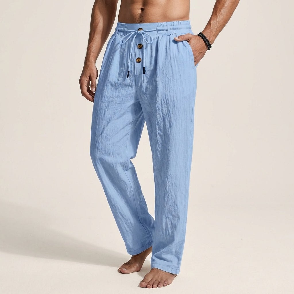 Linen Wide - Leg Drawstring Trousers with Tailored Button Front - Weston Fletcher