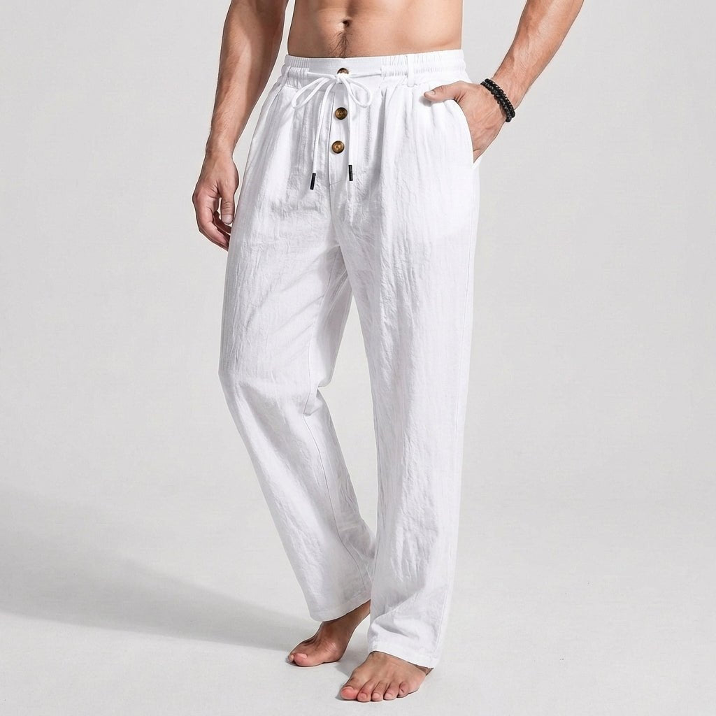 Linen Wide - Leg Drawstring Trousers with Tailored Button Front - Weston Fletcher