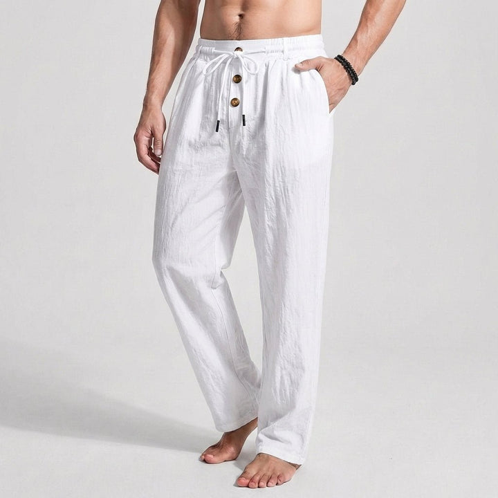 Linen Wide - Leg Drawstring Trousers with Tailored Button Front - Weston Fletcher