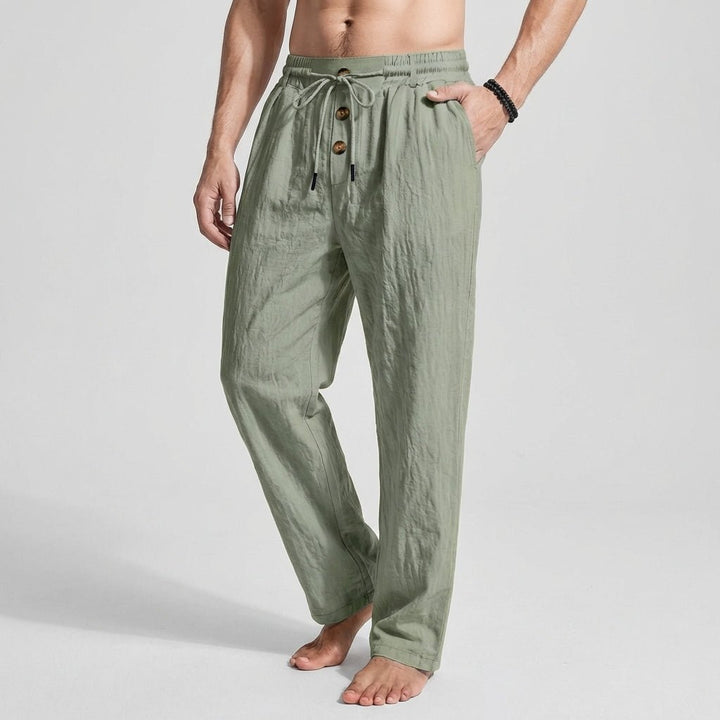 Linen Wide - Leg Drawstring Trousers with Tailored Button Front - Weston Fletcher
