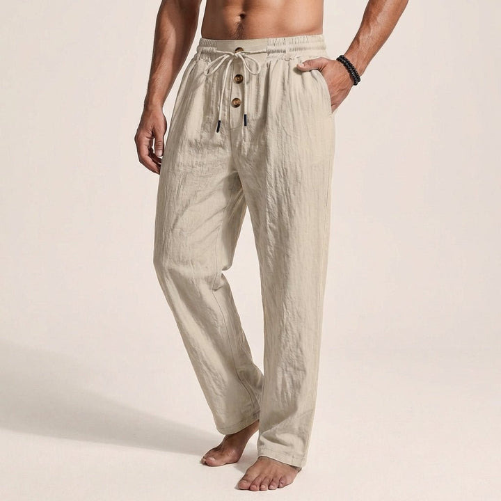 Linen Wide - Leg Drawstring Trousers with Tailored Button Front - Weston Fletcher