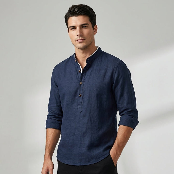 Men’s Relaxed Long - Sleeve Henley Shirt with Band Collar - Weston Fletcher