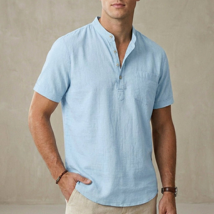 Men’s Relaxed Short - Sleeve Henley Shirt with Band Collar - Weston Fletcher