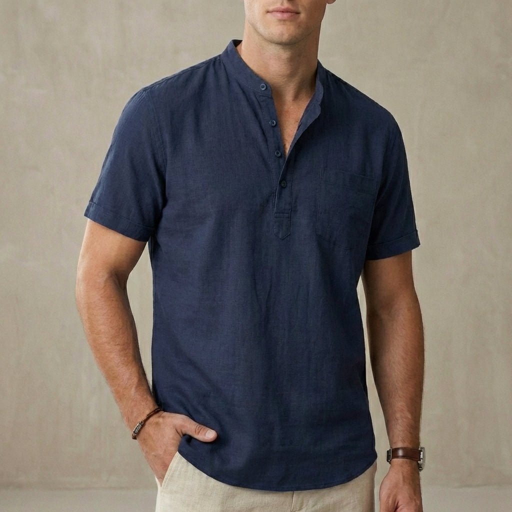 Men’s Relaxed Short - Sleeve Henley Shirt with Band Collar - Weston Fletcher