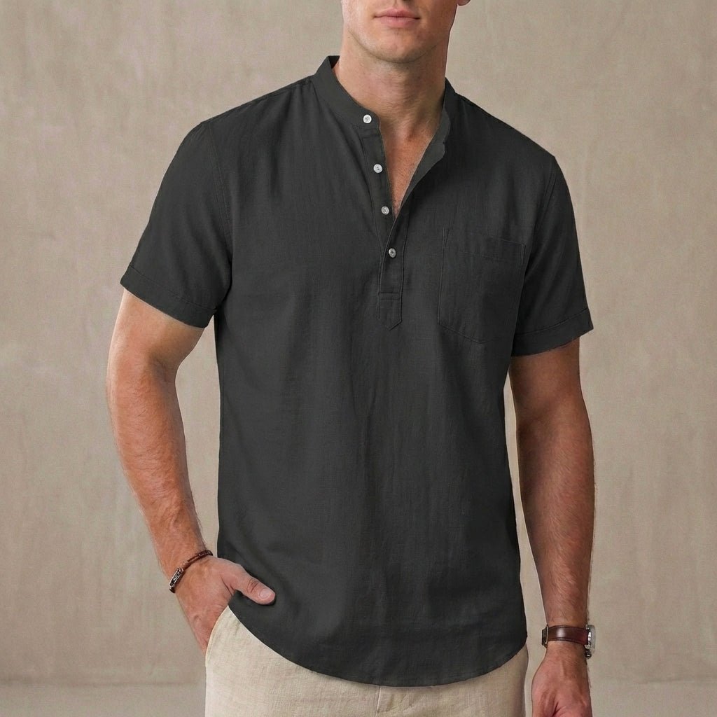 Men’s Relaxed Short - Sleeve Henley Shirt with Band Collar - Weston Fletcher