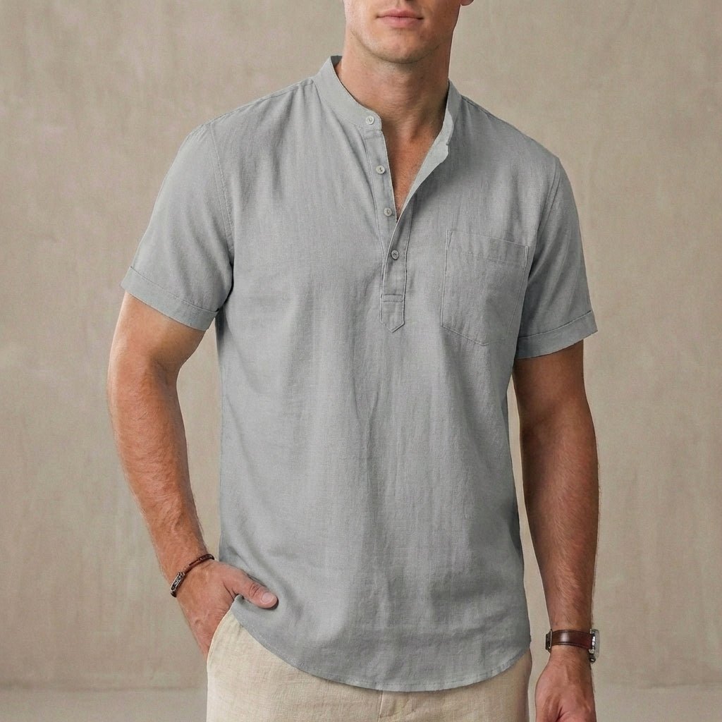 Men’s Relaxed Short - Sleeve Henley Shirt with Band Collar - Weston Fletcher