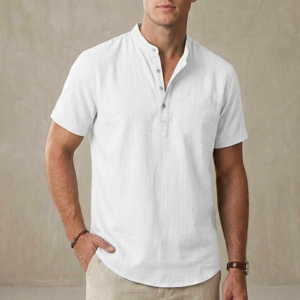 Men’s Relaxed Short - Sleeve Henley Shirt with Band Collar - Weston Fletcher