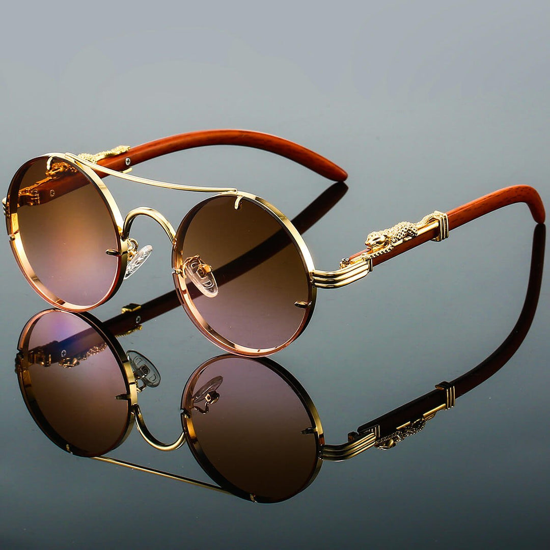 Panthera Onca Retro Round Metal and Wood Sunglasses with Sculpted Detail - Weston Fletcher
