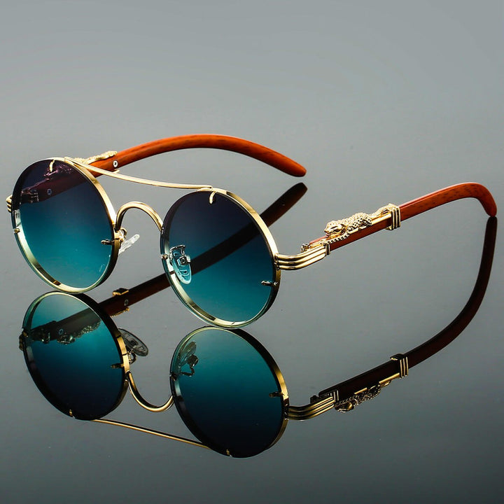 Panthera Onca Retro Round Metal and Wood Sunglasses with Sculpted Detail - Weston Fletcher
