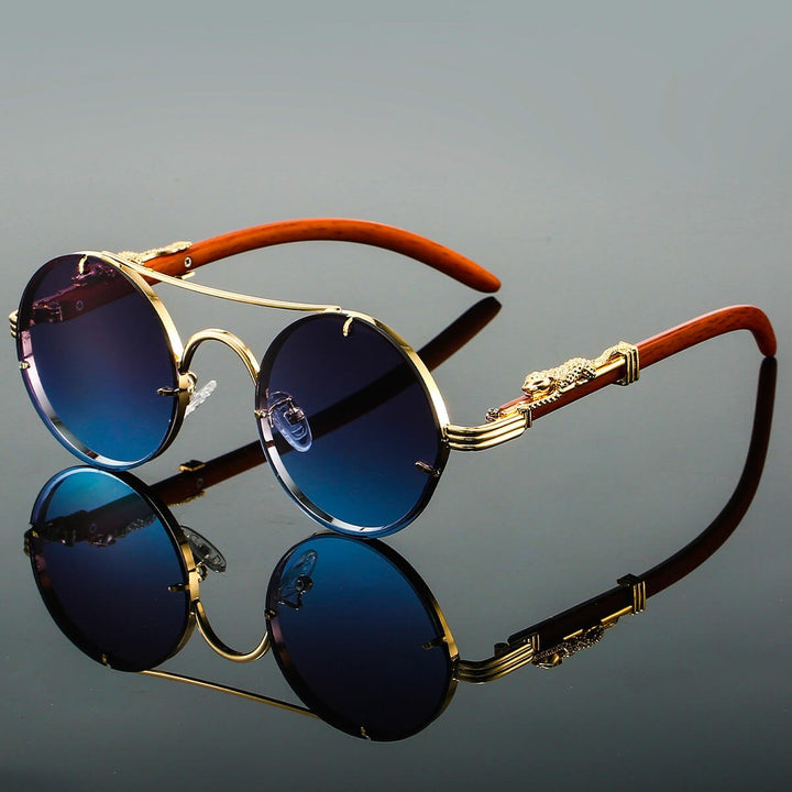 Panthera Onca Retro Round Metal and Wood Sunglasses with Sculpted Detail - Weston Fletcher