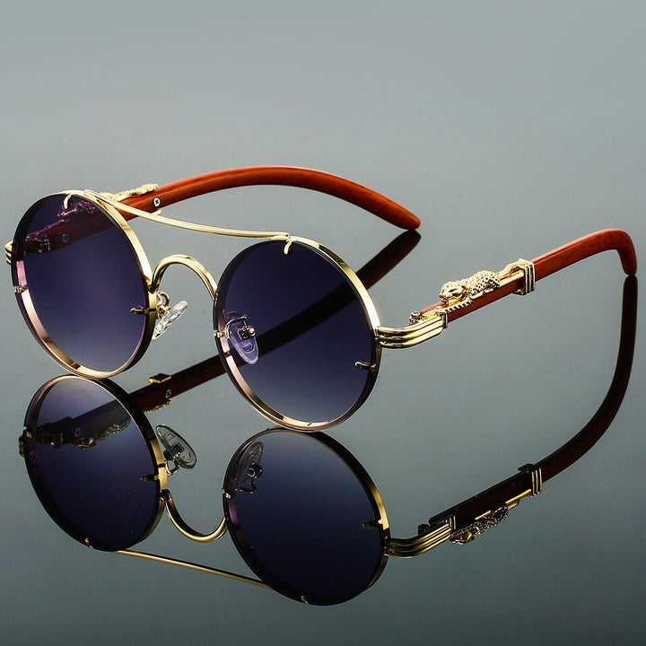 Panthera Onca Retro Round Metal and Wood Sunglasses with Sculpted Detail - Weston Fletcher