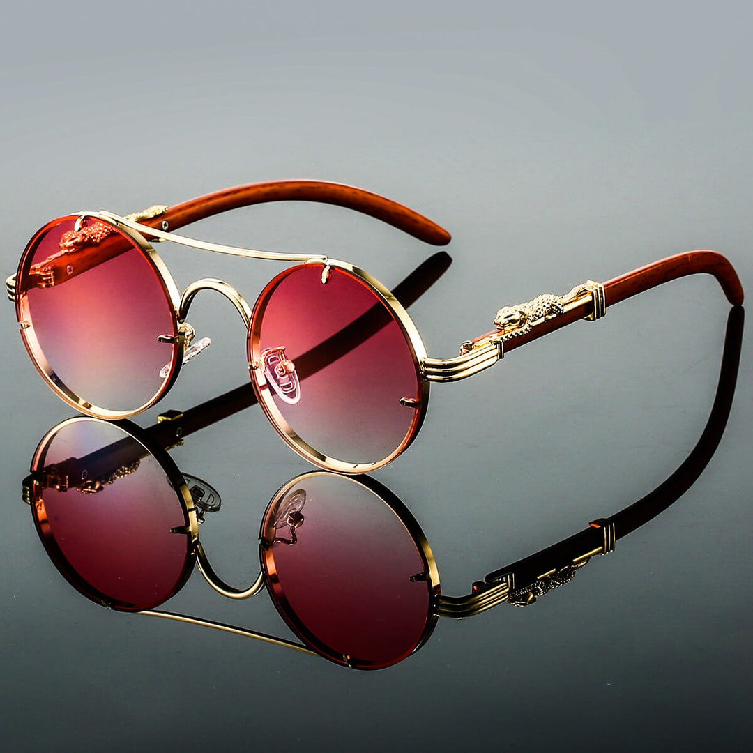 Panthera Onca Retro Round Metal and Wood Sunglasses with Sculpted Detail - Weston Fletcher