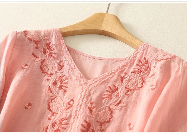 Relaxed Cotton Embroidered Blouse with Botanical Detailing and Curved Hem - Weston Fletcher