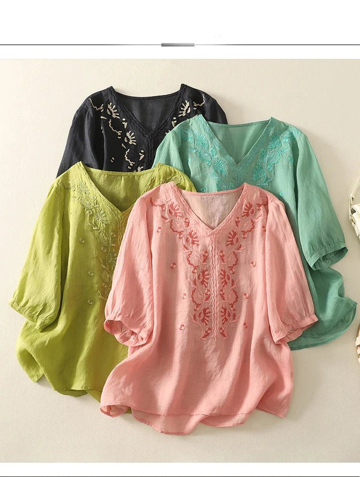 Relaxed Cotton Embroidered Blouse with Botanical Detailing and Curved Hem - Weston Fletcher