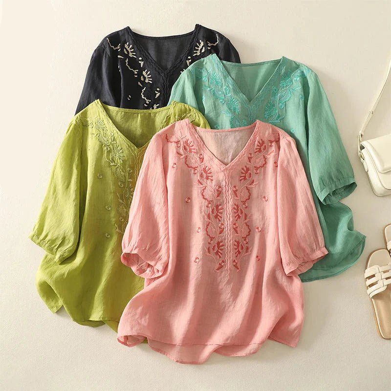 Relaxed Cotton Embroidered Blouse with Botanical Detailing and Curved Hem - Weston Fletcher