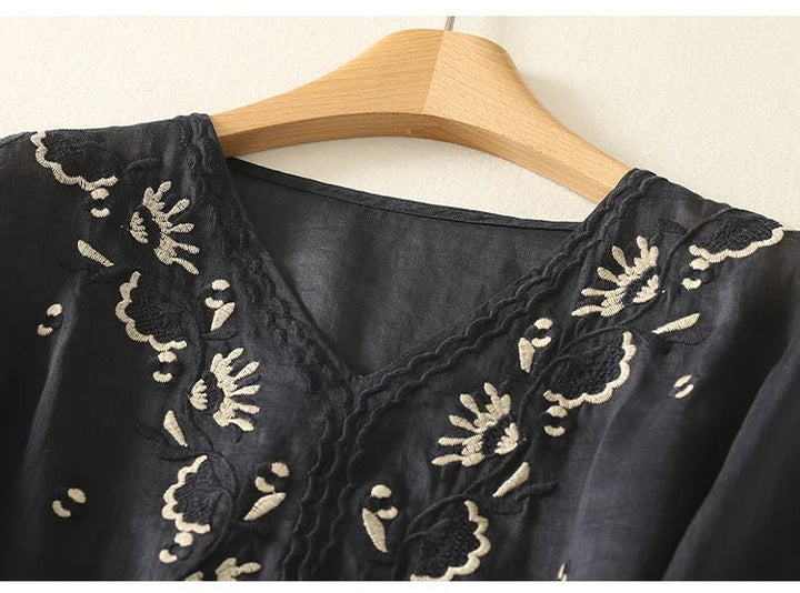 Relaxed Cotton Embroidered Blouse with Botanical Detailing and Curved Hem - Weston Fletcher