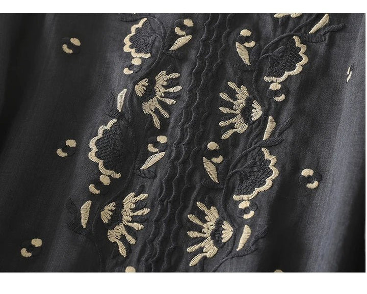 Relaxed Cotton Embroidered Blouse with Botanical Detailing and Curved Hem - Weston Fletcher