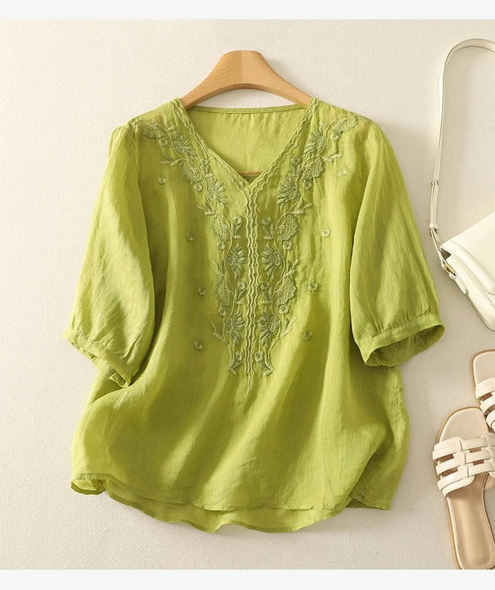 Relaxed Cotton Embroidered Blouse with Botanical Detailing and Curved Hem - Weston Fletcher