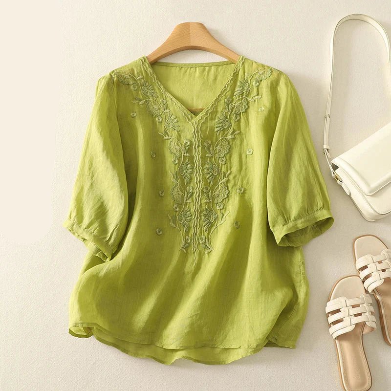 Relaxed Cotton Embroidered Blouse with Botanical Detailing and Curved Hem - Weston Fletcher