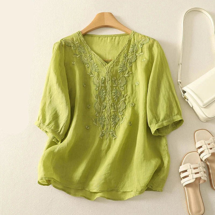 Relaxed Cotton Embroidered Blouse with Botanical Detailing and Curved Hem - Weston Fletcher