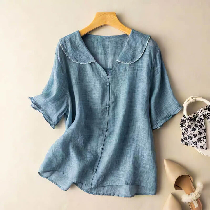 Relaxed Cotton - Linen Button - Up Blouse with Scalloped Peter Pan Collar - Weston Fletcher