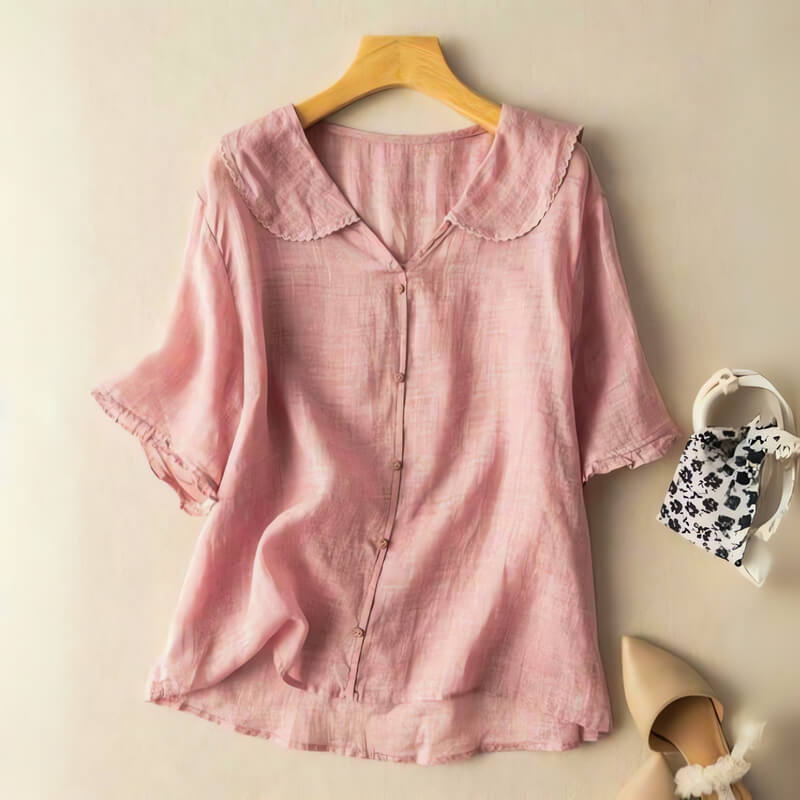 Relaxed Cotton - Linen Button - Up Blouse with Scalloped Peter Pan Collar - Weston Fletcher