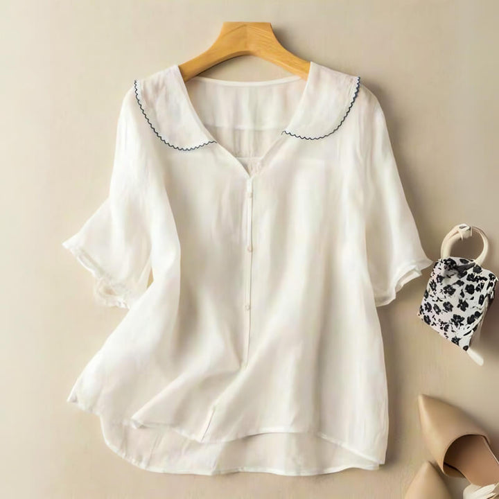 Relaxed Cotton - Linen Button - Up Blouse with Scalloped Peter Pan Collar - Weston Fletcher
