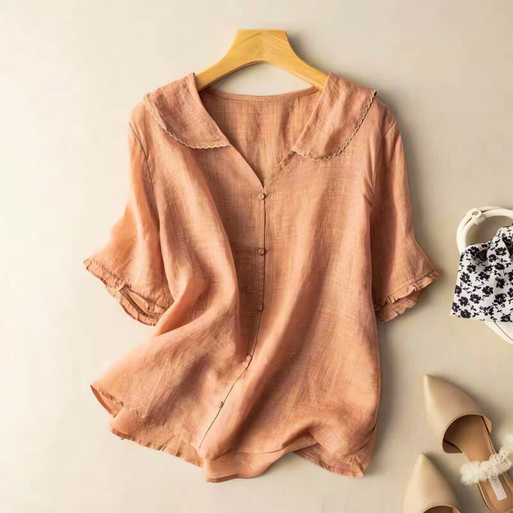 Relaxed Cotton - Linen Button - Up Blouse with Scalloped Peter Pan Collar - Weston Fletcher