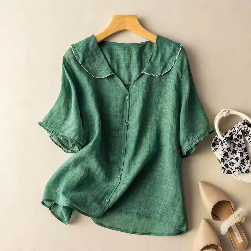 Relaxed Cotton - Linen Button - Up Blouse with Scalloped Peter Pan Collar - Weston Fletcher