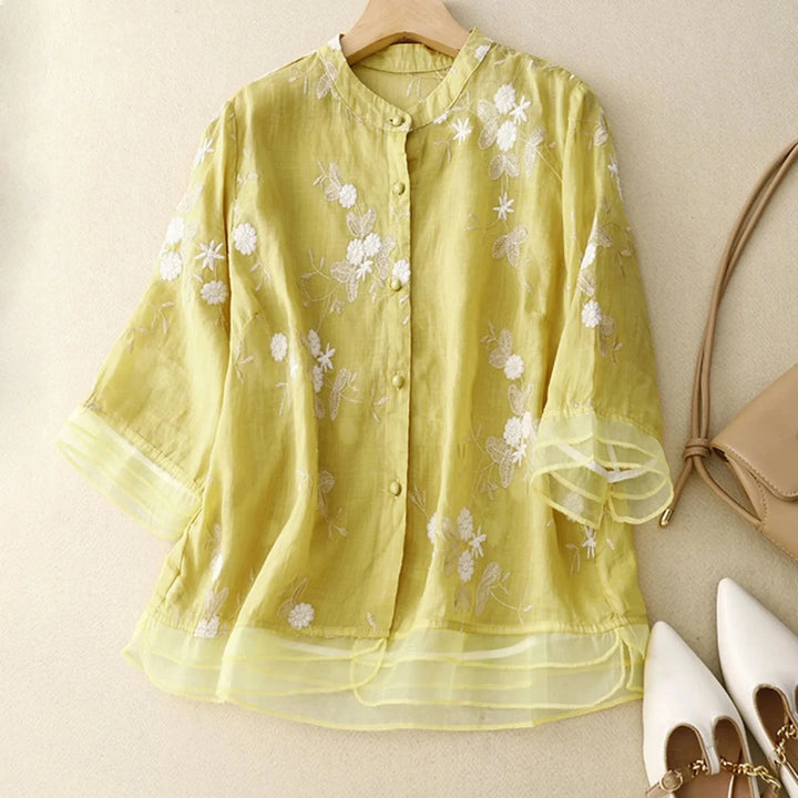Relaxed Embroidered Cotton Blouse with Sheer Ruffle Accents - Weston Fletcher