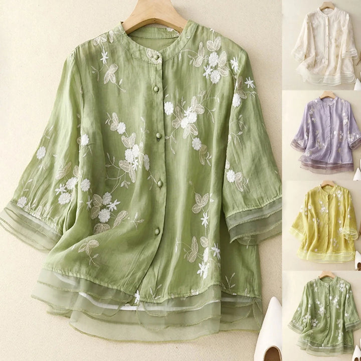 Relaxed Embroidered Cotton Blouse with Sheer Ruffle Accents - Weston Fletcher