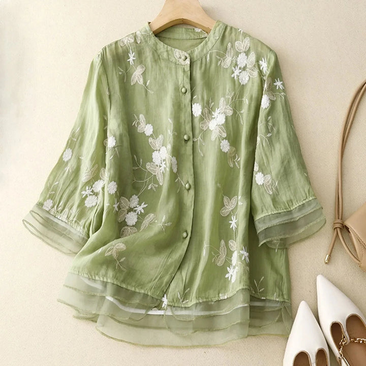 Relaxed Embroidered Cotton Blouse with Sheer Ruffle Accents - Weston Fletcher