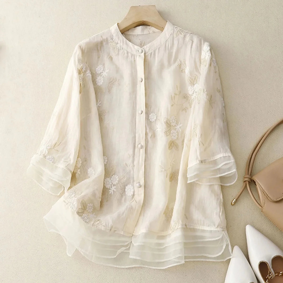 Relaxed Embroidered Cotton Blouse with Sheer Ruffle Accents - Weston Fletcher