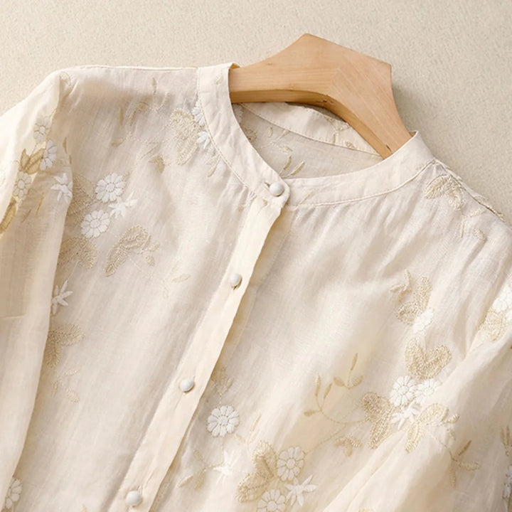 Relaxed Embroidered Cotton Blouse with Sheer Ruffle Accents - Weston Fletcher