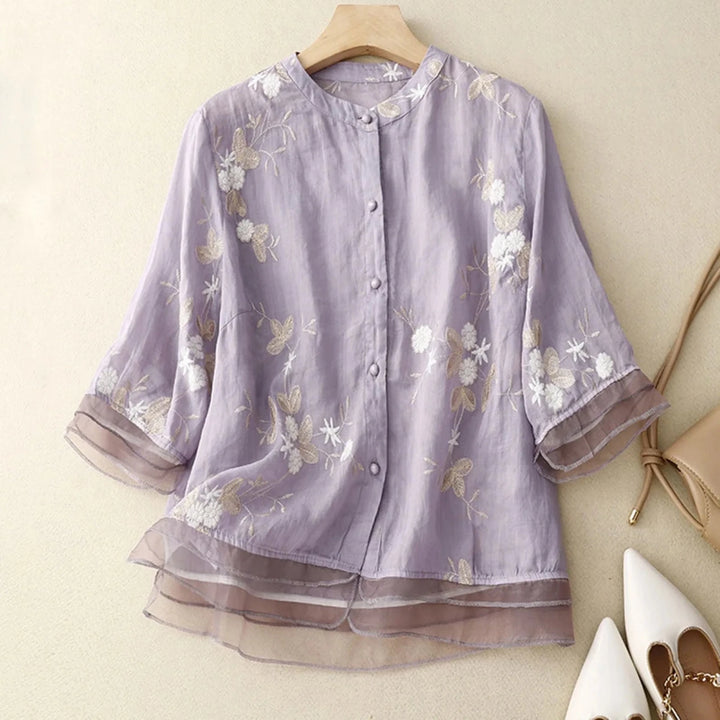 Relaxed Embroidered Cotton Blouse with Sheer Ruffle Accents - Weston Fletcher